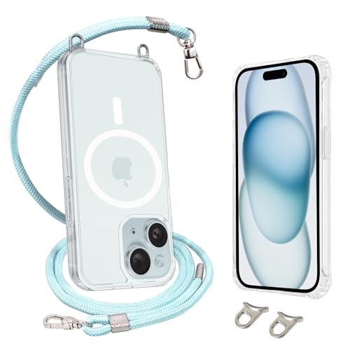 AHABIPERS Handykette für iPhone 15 6,1" Magnetisch Hülle, Stoßfest Handyhülle Schutzhülle Kompatibel mit MagSafe Kabellosem Laden(Transparente) + Verstellbar Hals Hängend Handy Lanyard(Blau) von AHABIPERS