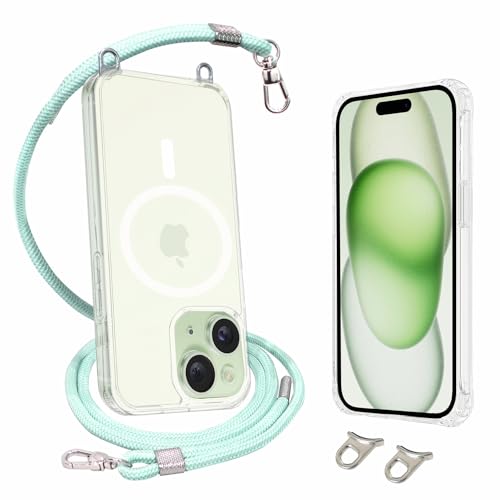 AHABIPERS Handykette für iPhone 15 6,1" Magnetisch Hülle, Stoßfest Handyhülle Schutzhülle Kompatibel mit MagSafe Kabellosem Laden(Transparente) + Verstellbar Hals Hängend Handy Lanyard(Grün) von AHABIPERS