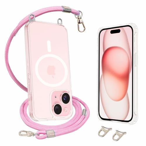 AHABIPERS Handykette für iPhone 15 6,1" Magnetisch Hülle, Stoßfest Handyhülle Schutzhülle Kompatibel mit MagSafe Kabellosem Laden(Transparente) + Verstellbar Hals Hängend Handy Lanyard(Rosa) von AHABIPERS