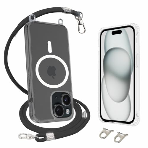 AHABIPERS Handykette für iPhone 15 6,1" Magnetisch Hülle, Stoßfest Handyhülle Schutzhülle Kompatibel mit MagSafe Kabellosem Laden(Transparente) + Verstellbar Hals Hängend Handy Lanyard(Schwarz) von AHABIPERS