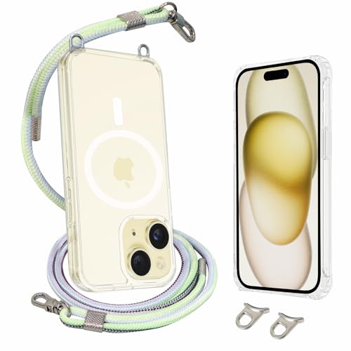 AHABIPERS Handykette für iPhone 15 6,1" Magnetisch Hülle, Stoßfest Handyhülle Schutzhülle Kompatibel mit MagSafe Kabellosem Laden(Transparente) + Verstellbar Hals Hängend Handy Lanyard von AHABIPERS