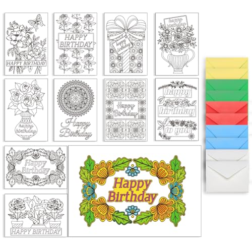AHANDMAKER 10 Geburtstags-Grußkarten Zum Ausmalen, Grußkarten-Malset „Happy Birthday“, Gruß- Und Dankeskarten Ausmalen, 10 Karte In 5 Farben, 10 Umschläge Im Lieferumfang Enthalten (8x6 Zoll) von AHANDMAKER