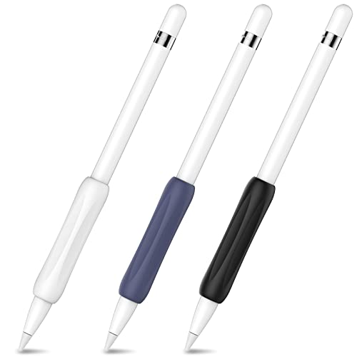 AHASTYLE 3 Stück Apple Pencil Griff Silikon Halter Ergonomisches Schutzhülle Ärmelzubehör Kompatibel mit Apple Pencil 1. & 2. Generation (Weiß+Mitternachtsblau+Schwarz) von AHASTYLE