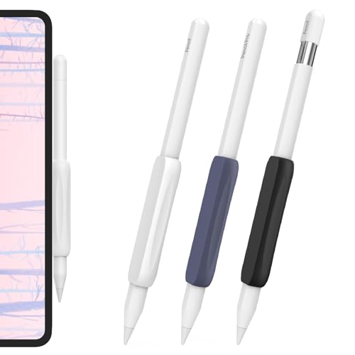 AHASTYLE 3 Stück Apple Pencil Griff Silikon Halter Ergonomisch Hülle Zubehör Grip Kompatibel mit Apple Pencil Pro, Apple Pencil2. Generation und Apple Pencil USB-C (Weiß+Tiefblau+Schwarz) von AHASTYLE