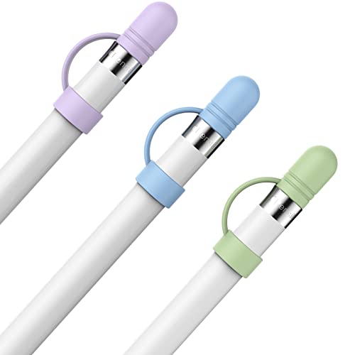 AHASTYLE 3 Stück Apple Pencil Kappe Silikon Cap Anti-Lost Ersatzkappe Zubehör Kompatibel mit Apple Pencil 1. Generation (Lila+Hellblau+Avocadogrün) von AHASTYLE