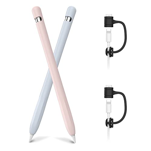 AHASTYLE Apple Pencil 1 Silikonhülle Ärmel Anti-Rutsch Schutzhülle Haut [Kabel Adapter Tether Hinzugefügt] Kompatibel mit Apple Pencil 1st Erzeugung (2 Pack, Hellblau & Rosa) von AHASTYLE
