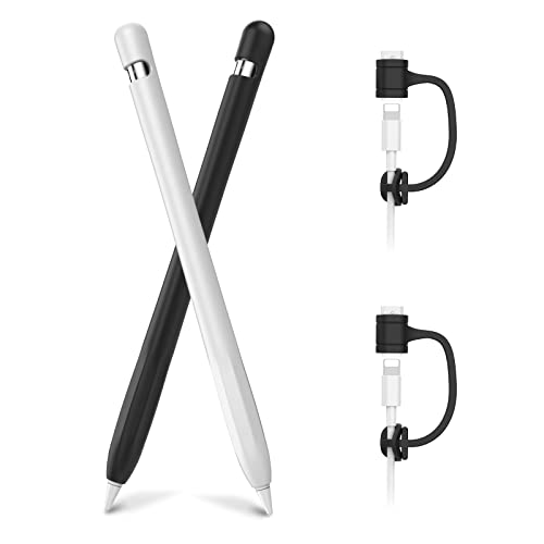 AHASTYLE Silikon-Schutzhülle für Apple Pencil 1. Generation [hinzugefügter Kabeladapter Tether] Anti-Rutsch-Schutzhülle für Apple Pencil 1. Generation (2er-Pack, Schwarz & Weiß) von AHASTYLE