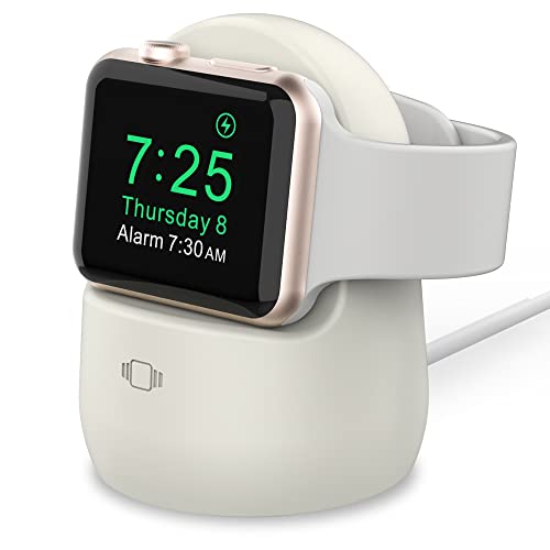 AHASTYLE iWatch Ladegerät Ständer Silikon Dock Halter für Apple Watch Series 7/6/5/4/3/2/1/SE (45/44/42/41/40/38 mm) Unterstützt Nachttisch-Modus【Adapter nicht im Lieferumfang enthalten】(Elfenbein) von AHASTYLE