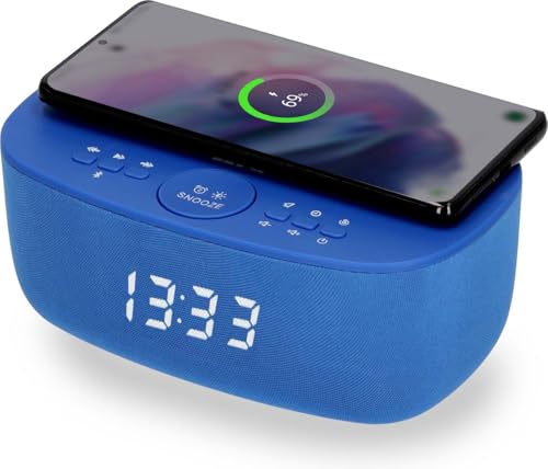 AIC Stylischer Radiowecker mit Bluetooth®, kabelloser Qi-Ladefunktion, Dual Alarm, sattem 6-Watt-Stereoklang, USB-Anschluss und 5 Stufen Dimmer. (Blau) von AIC