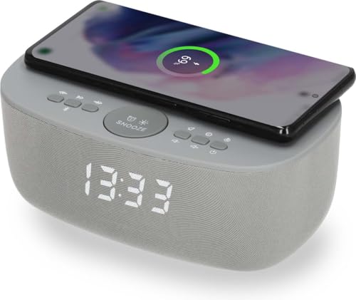 AIC Stylischer Radiowecker mit Bluetooth®, kabelloser Qi-Ladefunktion, Dual Alarm, sattem 6-Watt-Stereoklang, USB-Anschluss und 5 Stufen Dimmer. (Grau) von AIC
