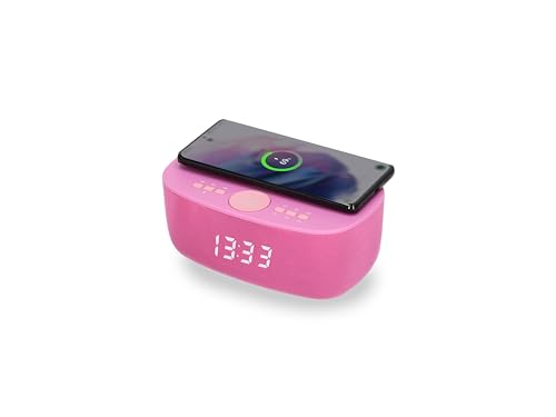 AIC Stylischer Radiowecker mit Bluetooth®, kabelloser Qi-Ladefunktion, Dual Alarm, sattem 6-Watt-Stereoklang, USB-Anschluss und 5 Stufen Dimmer. (Lila) von AIC