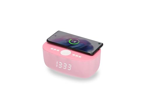AIC Stylischer Radiowecker mit Bluetooth®, kabelloser Qi-Ladefunktion, Dual Alarm, sattem 6-Watt-Stereoklang, USB-Anschluss und 5 Stufen Dimmer. (Pink) von AIC