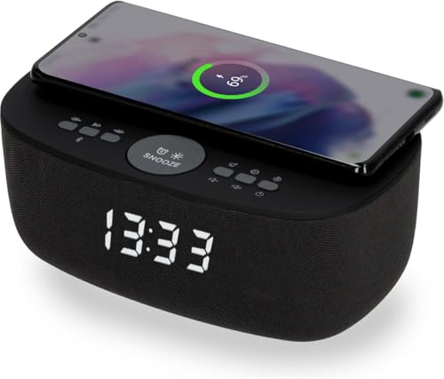 AIC Stylischer Radiowecker mit Bluetooth®, kabelloser Qi-Ladefunktion, Dual Alarm, sattem 6-Watt-Stereoklang, USB-Anschluss und 5 Stufen Dimmer. (Schwarz) von AIC