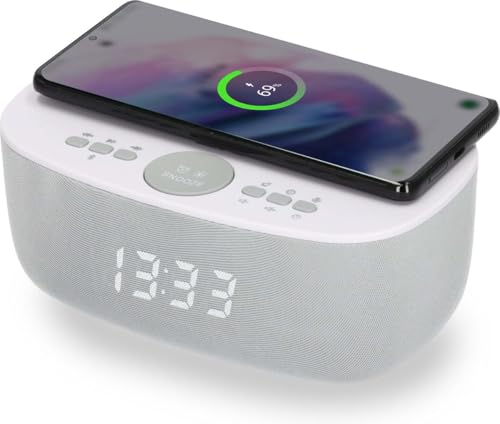 AIC Stylischer Radiowecker mit Bluetooth®, kabelloser Qi-Ladefunktion, Dual Alarm, sattem 6-Watt-Stereoklang, USB-Anschluss und 5 Stufen Dimmer. (Weiß) von AIC