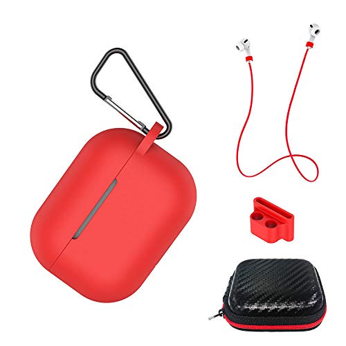 AICEK Hülle Kompatibel mit AirPods Pro Silikon Schutzhülle für Apple AirPods Pro Silikonhülle Aufladen Case Zubehör mit Anti-Lost Strap,Karabiner,Halterclip,Kopfhörer Tasche Rot von AICEK