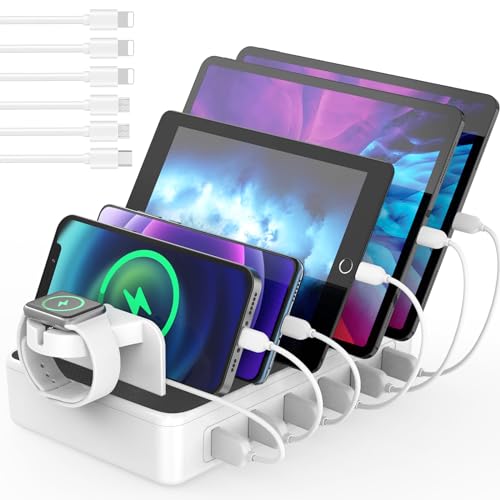 AICKXON USB Desktop Ladestation für mehrere Geräte, 50W 6-Port-Ladestation mit Rillendesign und 6 gemischten Ladekabeln for iPhone, iPad, Kindle, Tablet, iWhatch, Mobiltelefon, Weiß von AICKXON