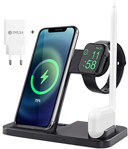 AICase 4-in-1 Ladestation Kabelloses Ladegerät für iPhone Apple Watch AirPods Pencil Samsung Galaxy Huawei, Wireless Charger Qi-Zertifiziert, MagSafe, Induktionsladegeräte Schnellladefunktion Schwarz von AICase