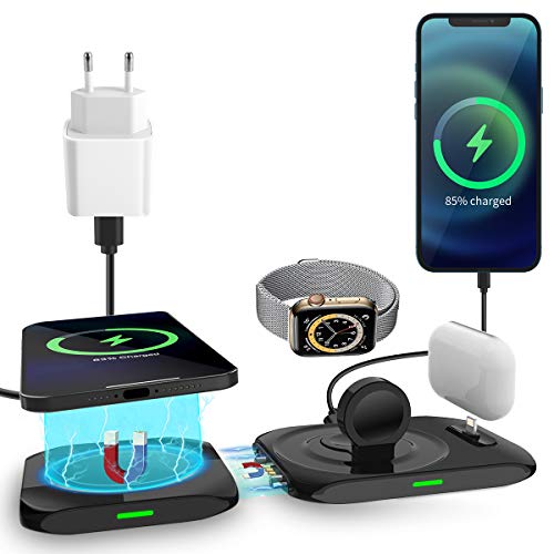 AICase Induktive Ladegerät,Magnetisch kabellos Ladegerät kompatibel mit Mag Safe,15W Fast 4 in 1 Induktive ladestation für iPhone 12 Pro/12 Pro Max/Mini,iWatch, Airpods Pro (Mit 18W QC 3.0 Adapter) von AICase