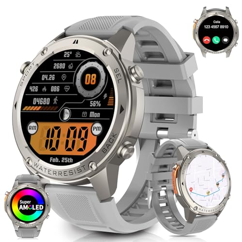 AIEK Smartwatch mit GPS, 50 m wasserdicht, Anrufe annehmen/tätigen, robuste Fitness Tracker Sport Watch Herzfrequenz 1,43 Zoll AMOLED-Bildschirm, 170+ Sportmodi (Silber) von AIEK