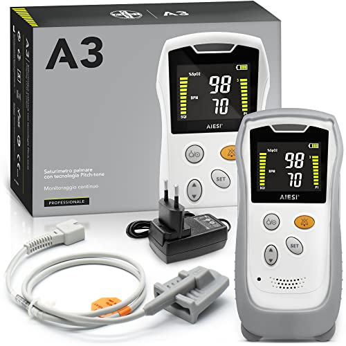 AIESI® Pulsoximeter Handgerät professionell mit Farbdisplay und Anti-Bewegungs-Sonde für Erwachsene A3, Äußerst genaue, Lithium Batterie, Schutzhülle, 24 Monate Garantie von AIESI