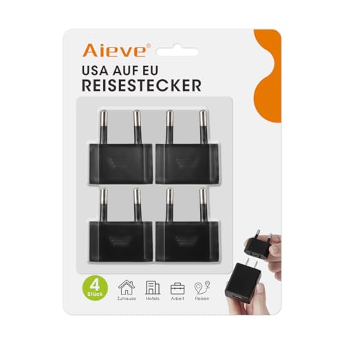 Aieve 4 Stück USA auf EU Reisestecker US zum 2 Pin Deutschland/Europa Stecker Amerika/Kanada/Mexiko Stecker Adapter Konverter Adapterstecker für Geräte mit USA-Netzteil (schwarz) von AIEVE