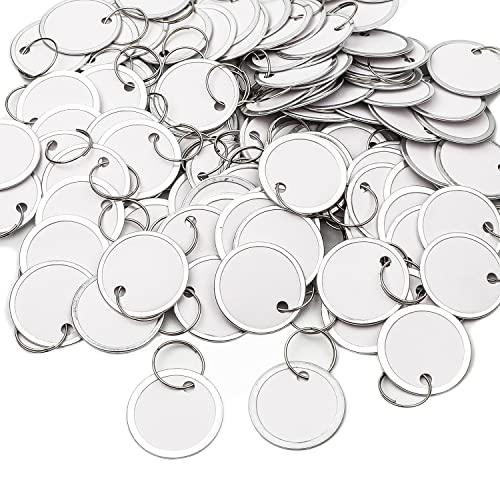 AIEX 100 Stück Weiße Schlüsselanhänger mit Ring, 32mm Metal Key Tags Label Runde Papieranhänger Leere Metall Anhängeschilder für Schlüssel Gepäck Rucksäcke Küchengläser von AIEX