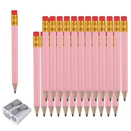 AIEX 25 Stück Bleistifte mit Radiergummi, 4 Zoll/ 10 cm Mini Bleistifte HB Sechseckige Golf Bleistifte mit 1 Spitzer für Kinder Schule Büro Babyparty Hochzeit (Rosa) von AIEX