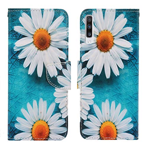 AIFILLE Blau Handyhülle für Samsung Galaxy A50 Flip PU Leder Hülle und Silikon Backcase Mädchen Handytasche Klapphülle Tasche mit Weiß Sonnenblume Muster Kartensteckplätzen Wallet Case Schutzhülle von AIFILLE