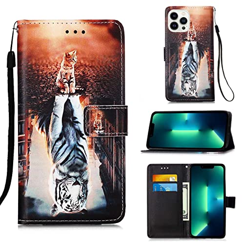 AIFILLE Flip Hülle für iPhone 13 Pro Max mit Katze und Tigre Tiere Muster Premium PU Leder Brieftasche Magnetverschluss Handyhülle Schutzhülle Klapphülle Handytasche für iPhone 13 Pro Max 6.7 Zoll von AIFILLE