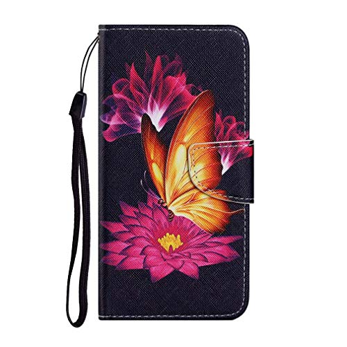 AIFILLE Handyhülle Premium PU Leder Flip Schutzhülle Brieftasche Hülle für Samsung Galaxy A70 Schwarz Handytasche Lederhülle mit Kartenfach Etui Tasche Cover Muster Goldschmetterling und Pink-Blume von AIFILLE