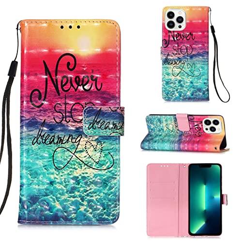 AIFILLE Hülle für iPhone 13 Pro Max Never Stop Dreaming Glitzer Muster Premium PU Leder Handyhülle Slim Silikon Back Cover 360 Schutzhülle Standfunktion Handy Hüllen für iPhone 13 Pro Max 6.7 Zoll von AIFILLE