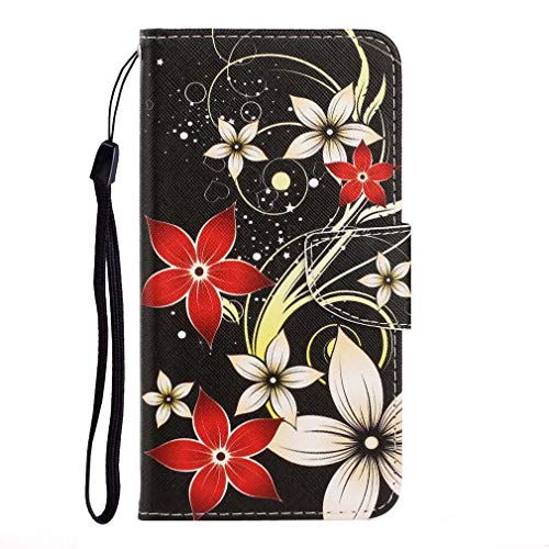 AIFILLE Kompatibel mit Hülle Huawei Y5 2019 Schwarz Lederhülle Brieftasche Damen Standhülle mit Kartenfach Magnetische Standfunktion Stoßfest Schutzhülle Muster Rot Weiß Blumen Flip Handyhülle von AIFILLE