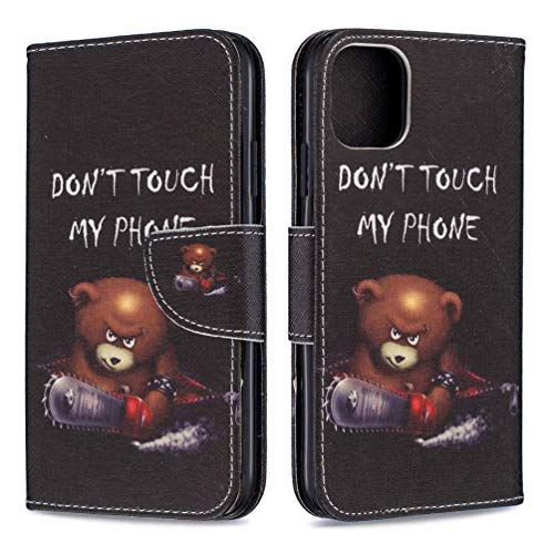 AIFILLE PU Leder Hülle Kompatibel mit iPhone 11 6.1 Zoll 2019 Schwarz Handyhülle mit Muster Braunbär Don't Touch My Phone Brieftasche Herren Stoßfest Schutzhülle mit Standfunktion Tier Schutzhülle von AIFILLE
