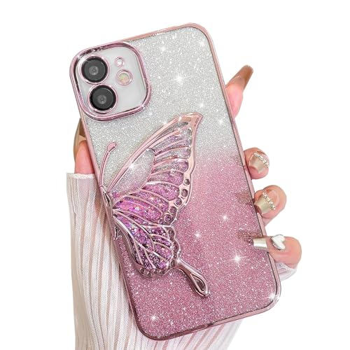 AIGOMARA Glitzer Hülle für iPhone 11 Hülle, 3D Schmetterling Dreidimensional Handyhülle mit funkelnder Treibsand, Bling Farbverlauf Karte, Kameraschutz Transparent Schutzhülle für Frauen, Rosa von AIGOMARA