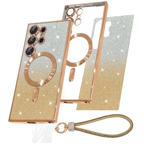 AIGOMARA Glitzer Hülle für Samsung Galaxy S24 Ultra kompatibel mit Magsafe,Luxury Bling Handschlaufe, Farbverlauf Karte, Kameraschutz Transparent Case Schutzhülle für Frauen Mädchen, TPU - Gold von AIGOMARA