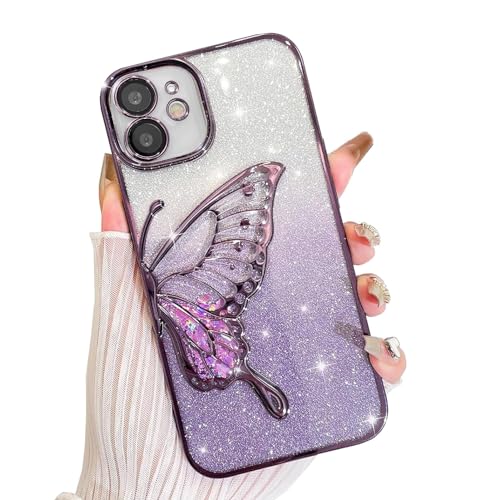 AIGOMARA Glitzer Hülle für iPhone 11 Hülle, 3D Schmetterling Dreidimensional Handyhülle mit funkelnder Treibsand, Bling Farbverlauf Karte, Kameraschutz Transparent Schutzhülle für Frauen, Lila von AIGOMARA
