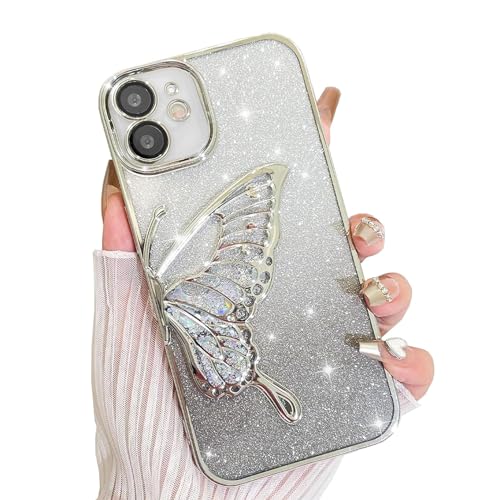 AIGOMARA Glitzer Hülle für iPhone 11 Hülle, 3D Schmetterling Dreidimensional Handyhülle mit funkelnder Treibsand,Bling Farbverlauf Karte,Kameraschutz Transparent Schutzhülle für Frauen,Silber von AIGOMARA