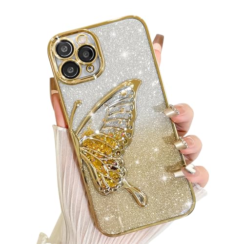 AIGOMARA Glitzer Hülle für iPhone 11 Pro Max Hülle, 3D Schmetterling Dreidimensional Handyhülle mit funkelnder Treibsand, Bling Farbverlauf Karte, Kameraschutz Transparent Schutzhülle für Frauen, Gold von AIGOMARA