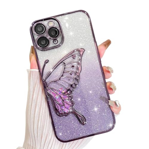 AIGOMARA Glitzer Hülle für iPhone 11 Pro Max Hülle, 3D Schmetterling Dreidimensional Handyhülle mit funkelnder Treibsand, Bling Farbverlauf Karte, Kameraschutz Transparent Schutzhülle für Frauen, Lila von AIGOMARA