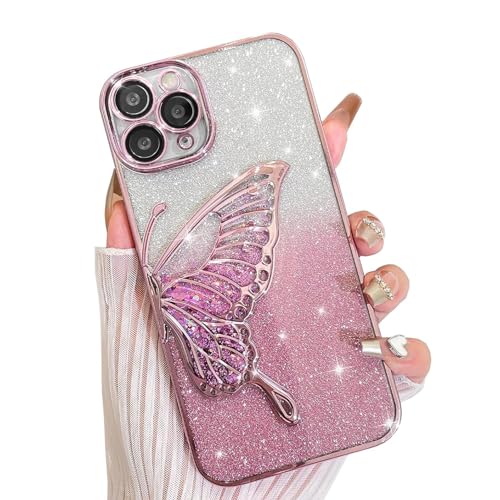 AIGOMARA Glitzer Hülle für iPhone 11 Pro Max Hülle, 3D Schmetterling Dreidimensional Handyhülle mit funkelnder Treibsand, Bling Farbverlauf Karte, Kameraschutz Transparent Schutzhülle für Frauen, Rosa von AIGOMARA