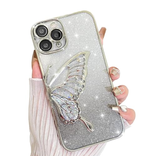 AIGOMARA Glitzer Hülle für iPhone 11 Pro Max Hülle, 3D Schmetterling Dreidimensional Handyhülle mit funkelnder Treibsand,Bling Farbverlauf Karte,Kameraschutz Transparent Schutzhülle für Frauen,Silber von AIGOMARA
