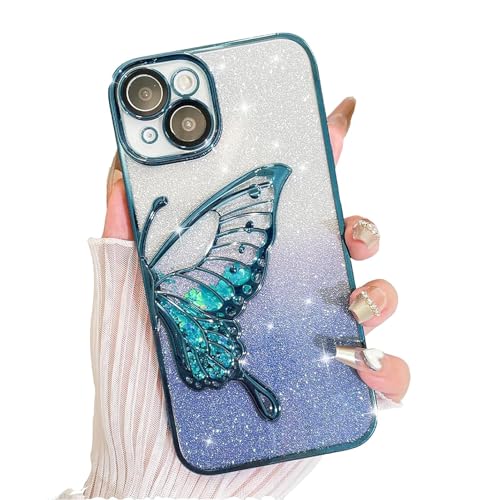 AIGOMARA Hülle Glitzer für iPhone 13 Pro, Handyhülle 3D Schmetterling Muster, Flüssig Treibsand, Schutzhülle Kameraschutz, Dünn Aesthetic Silikon Bumper Stoßfeste TPU Case, Mädchen Frauen, Blau von AIGOMARA