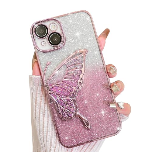 AIGOMARA Hülle Glitzer für iPhone 13 Pro, Handyhülle 3D Schmetterling Muster, Flüssig Treibsand, Schutzhülle Kameraschutz, Dünn Aesthetic Silikon Bumper Stoßfeste TPU Case, Mädchen Frauen, Rosa von AIGOMARA