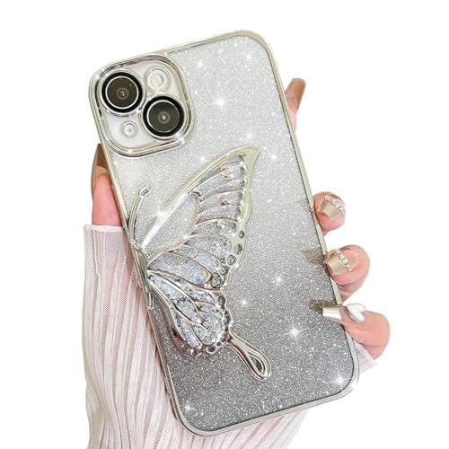 AIGOMARA Hülle Glitzer für iPhone 13 Pro, Handyhülle 3D Schmetterling Muster, Flüssig Treibsand, Schutzhülle Kameraschutz, Dünn Aesthetic Silikon Bumper Stoßfeste TPU Case, Mädchen Frauen, Silber von AIGOMARA