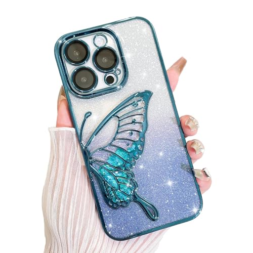 AIGOMARA Hülle Glitzer für iPhone 13 Pro, Handyhülle 3D Schmetterling Muster, Flüssig Treibsand, Schutzhülle Kameraschutz, Dünn Aesthetic Silikon Bumper Stoßfeste TPU Case, Mädchen Frauen, Blau von AIGOMARA