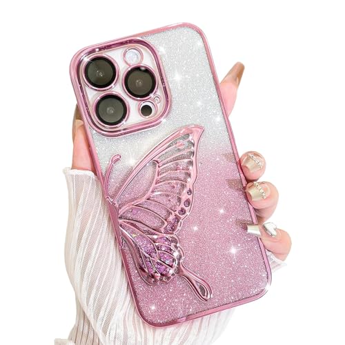 AIGOMARA Hülle Glitzer für iPhone 13 Pro Max, Handyhülle 3D Schmetterling Muster, Flüssig Treibsand, Schutzhülle Kameraschutz, Dünn Aesthetic Silikon Bumper Stoßfeste TPU Case, Mädchen Frauen, Rosa von AIGOMARA
