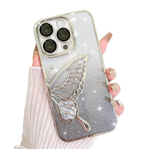 AIGOMARA Hülle Glitzer für iPhone 13 Pro Max, Handyhülle 3D Schmetterling Muster, Flüssig Treibsand, Schutzhülle Kameraschutz, Dünn Aesthetic Silikon Bumper Stoßfeste TPU Case, Mädchen Frauen, Silber von AIGOMARA