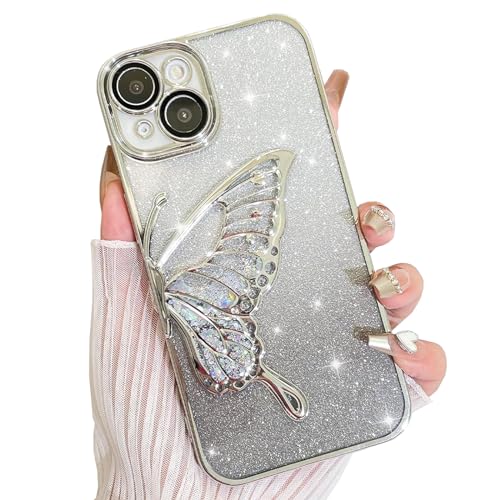 AIGOMARA Hülle Glitzer für iPhone 14, Handyhülle 3D Schmetterling Muster, Flüssig Treibsand, Schutzhülle Kameraschutz, Dünn Aesthetic Silikon Bumper Stoßfeste TPU Case, Mädchen Frauen, Silber von AIGOMARA