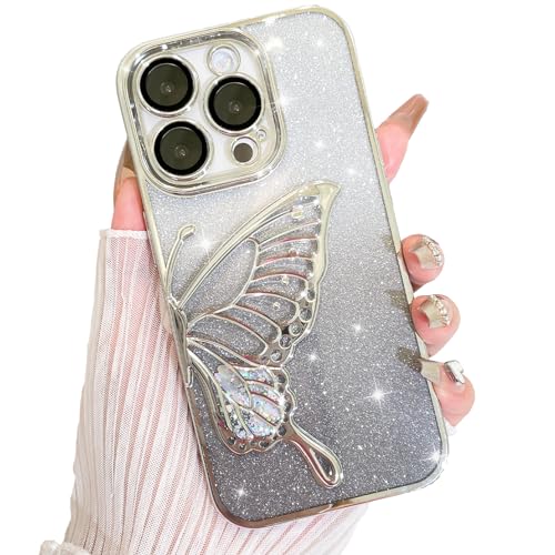 AIGOMARA Hülle Glitzer für iPhone 14 Pro, Handyhülle 3D Schmetterling Muster, Flüssig Treibsand, Schutzhülle Kameraschutz, Dünn Aesthetic Silikon Bumper Stoßfeste TPU Case, Mädchen Frauen, Silber von AIGOMARA