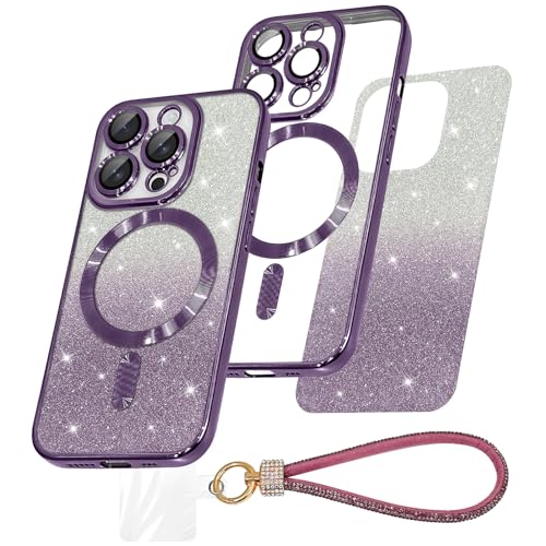 AIGOMARA Glitzer Hülle für iPhone 14 Pro Kompatibel mit Magsafe, Luxury Bling Handschlaufe, Clear Farbverlauf Karte, Kameraschutz Transparent Case Schutzhülle für Frauen Mädchen, TPU - Lila von AIGOMARA